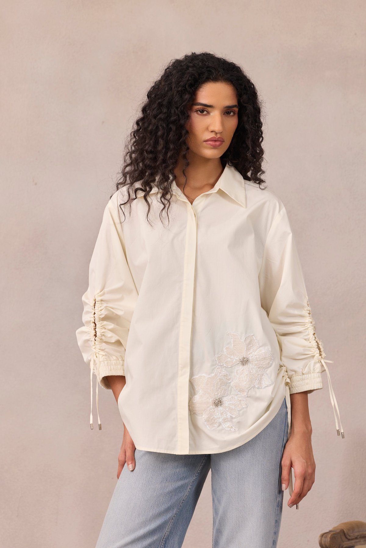 Vanilla Cloud Cotton Poplin Applique Button-Down Shirt