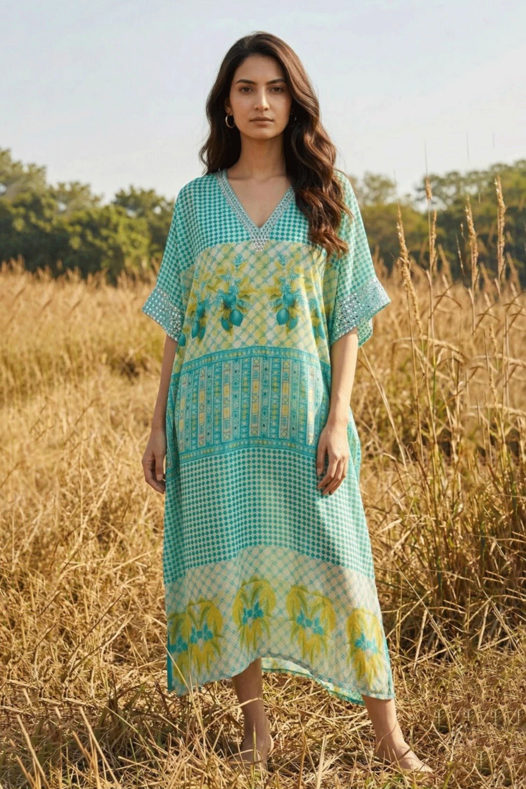 Green Printed Chiffon Kaftan Midi Dress