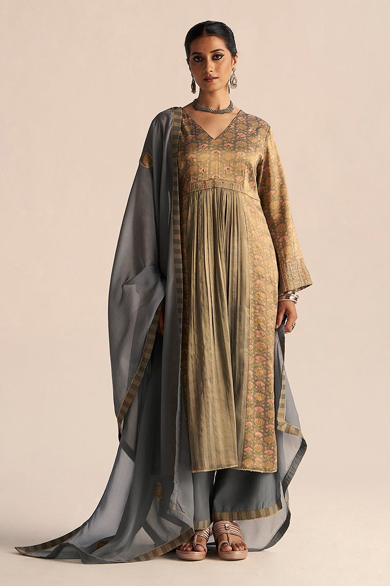Monument Grey Shimmer Floral A-Line Kurta Set with Dupatta