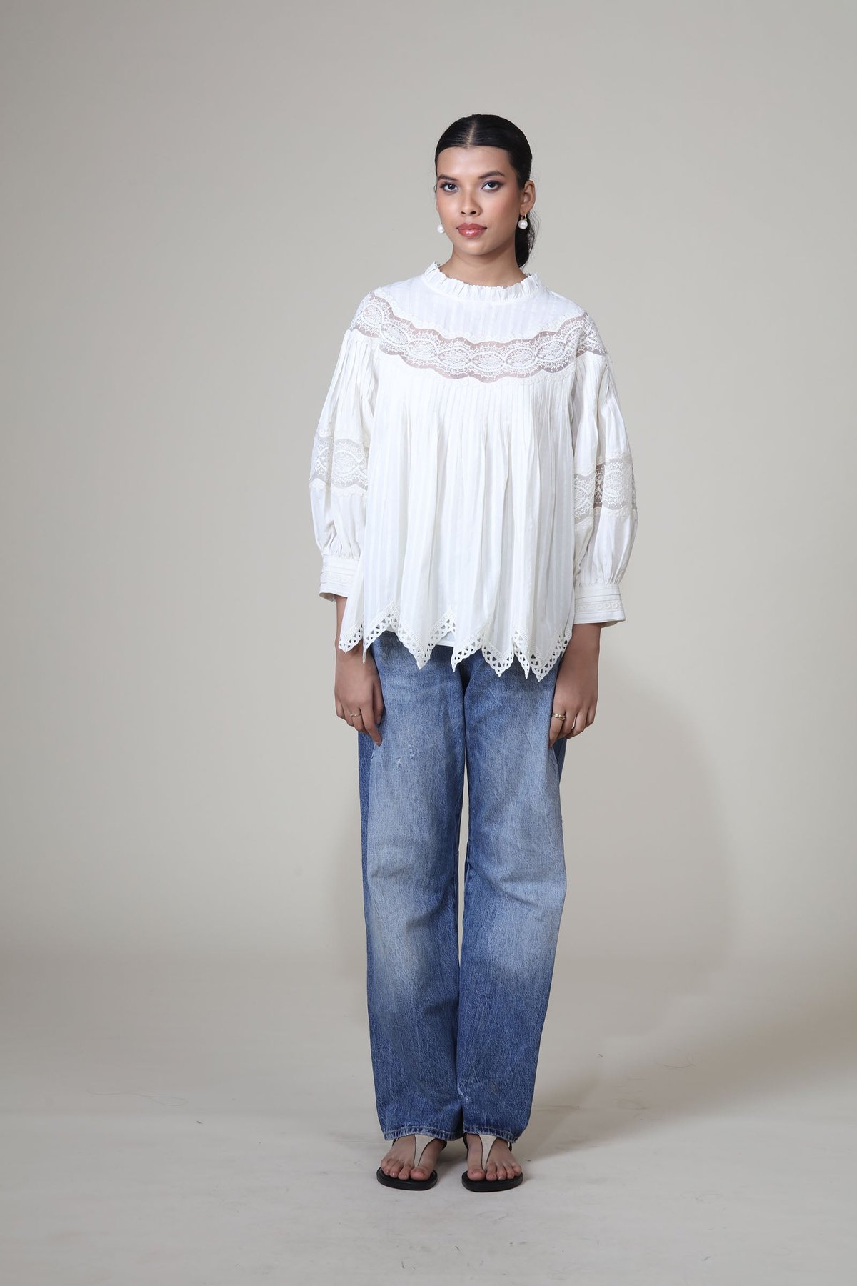 Ivory Cotton Flowy Lace-Insert Top