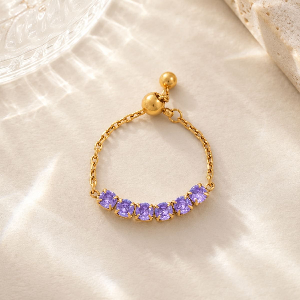 18K Gold Plated Purple Gemstone Chain Ring, Trisha