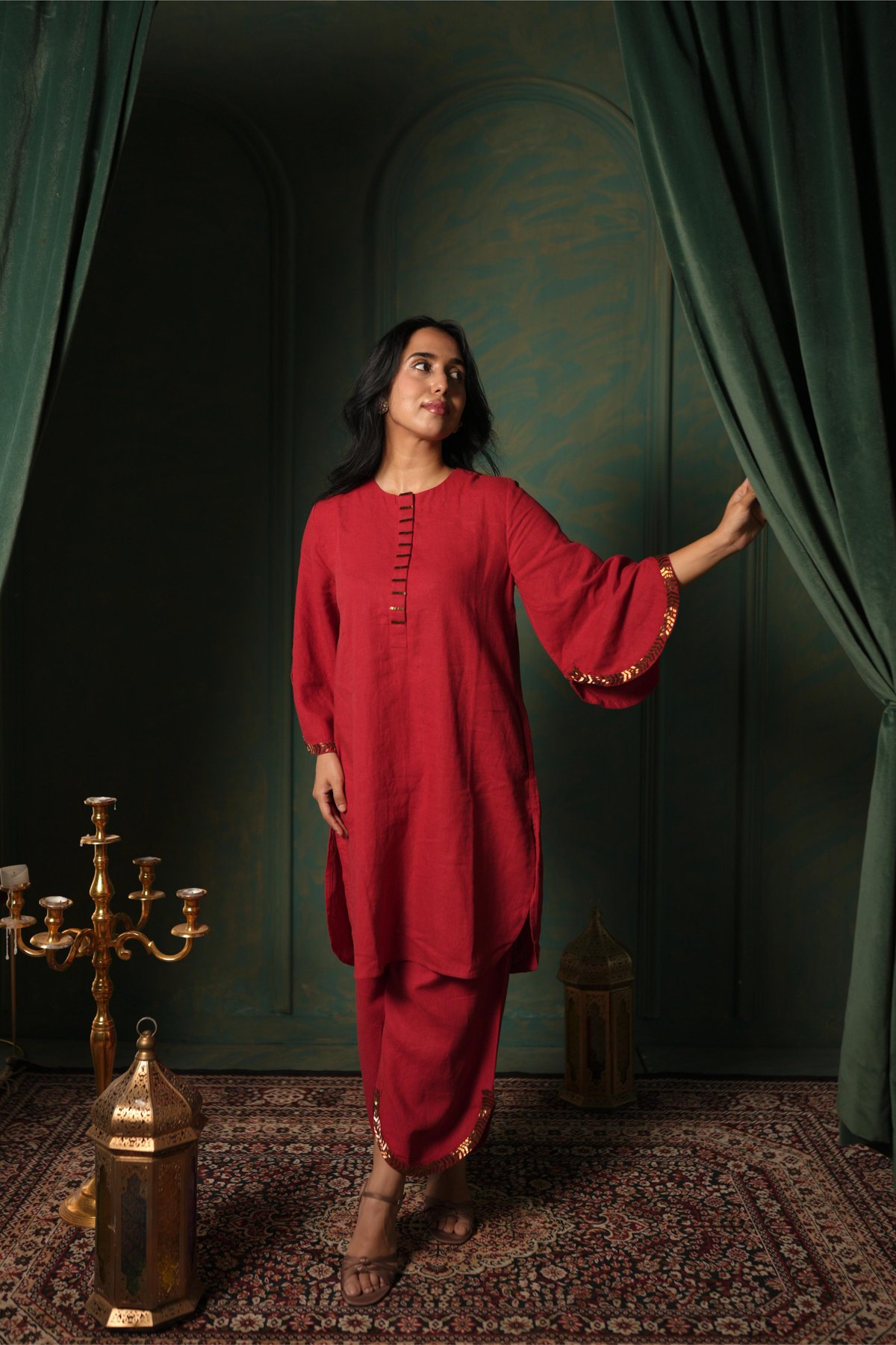 Red Linen Blend Straight Kurta Set with Hand Embroidery