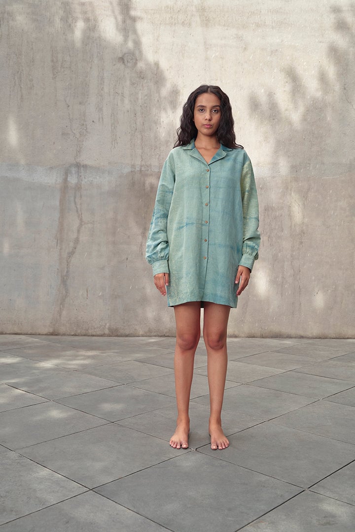 Blue Tie-Dye Hemp Mini Shirt Dress with Button Front
