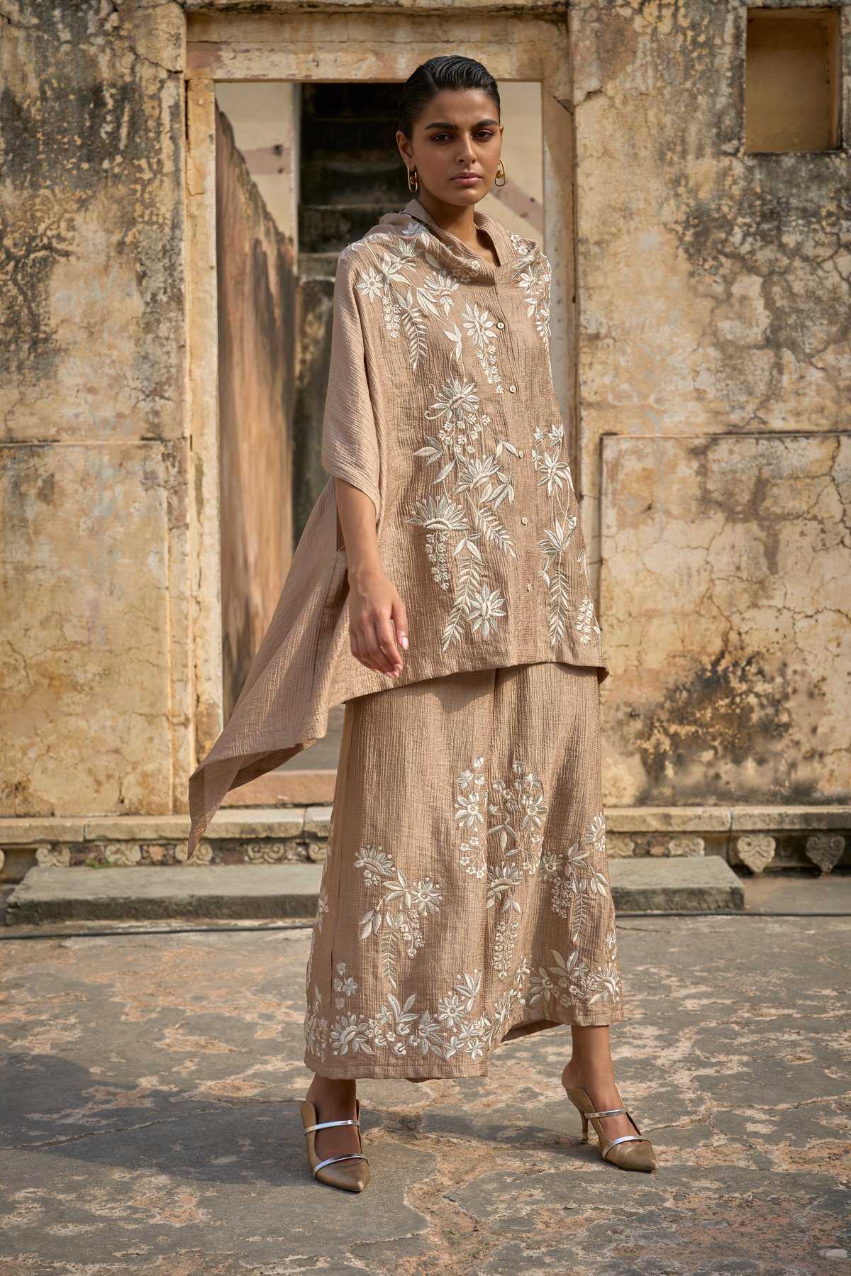 Antique Gold Embroidered Wide-Leg Trousers