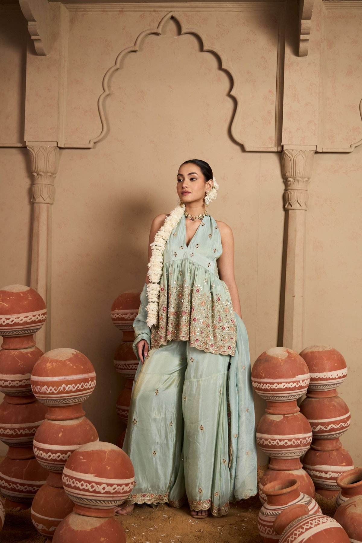 Mint Green Embroidered Halter Co-ord Set with Wide-Leg Pants