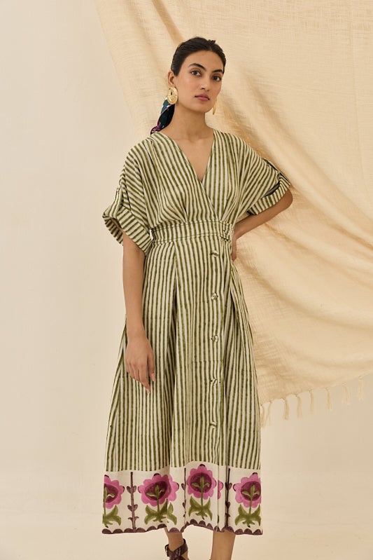 Green/White Striped Wrap Midi Dress with Floral Border