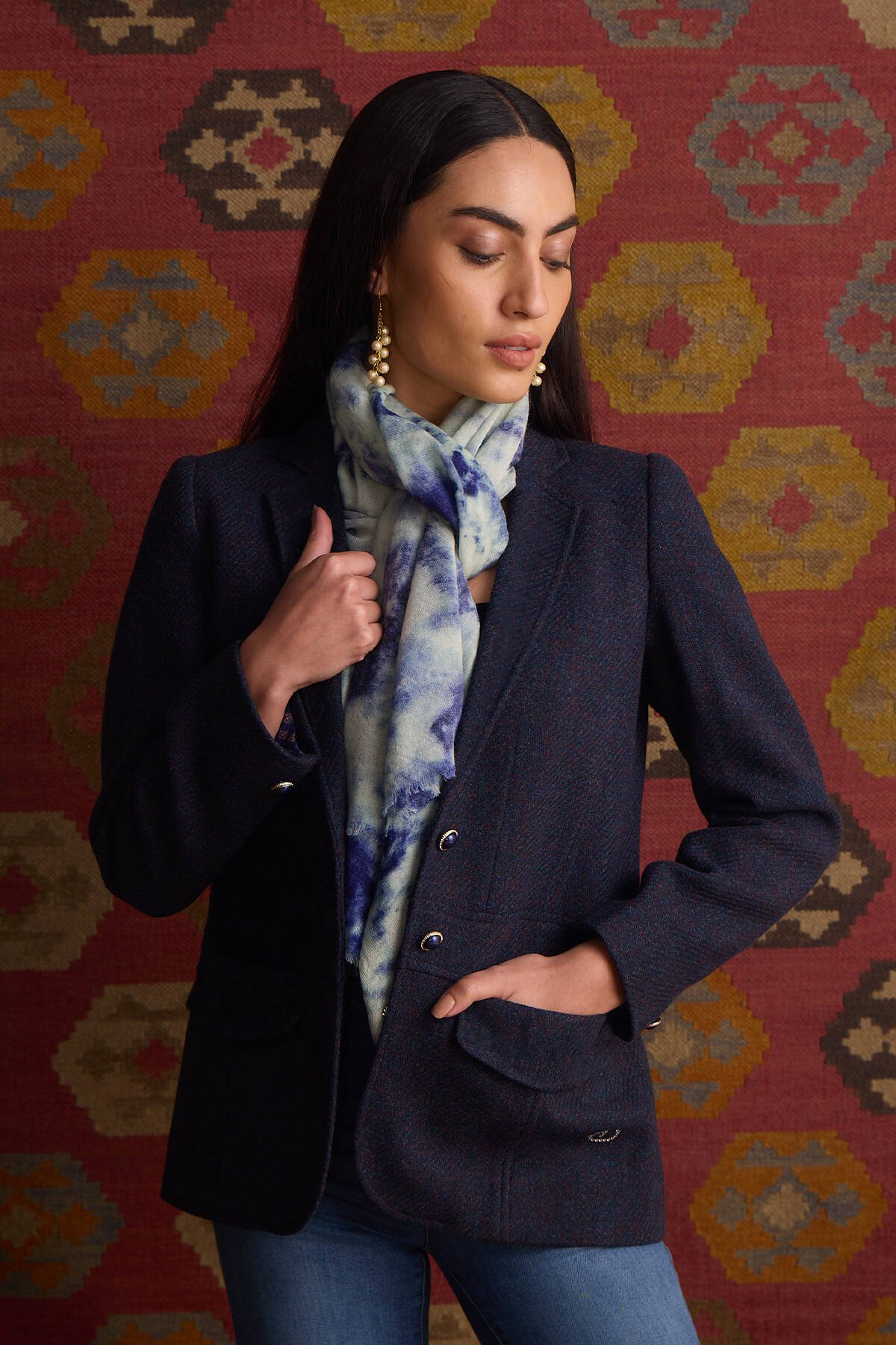 Navy Woolen Tailored Coat with Lapel Collar