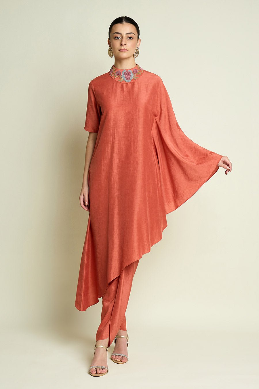 Orange Floral Neck Draped Tunic Set