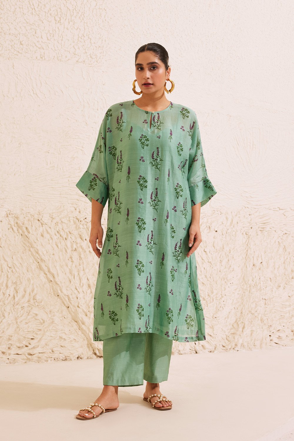 Teal Chanderi Floral Block Print Kurta Set