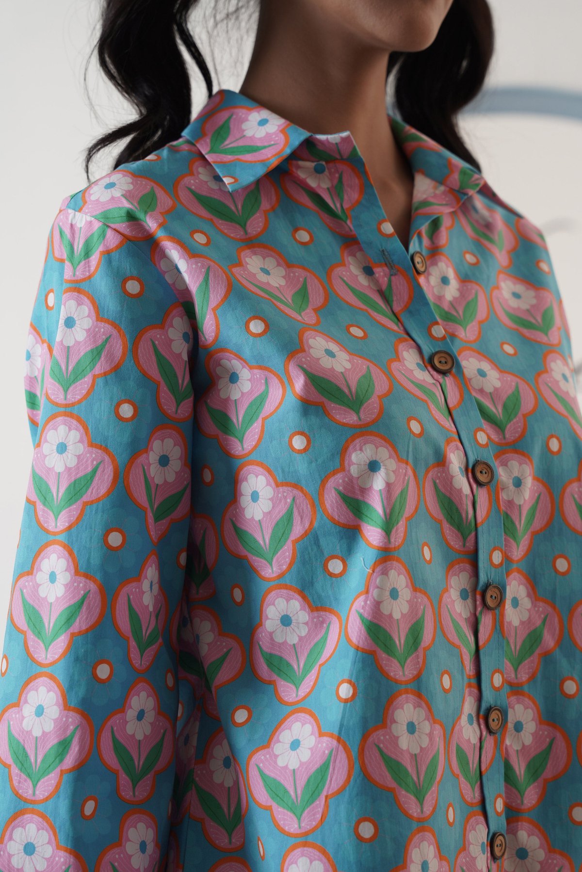 Blue Orange Floral Printed Mini Shirt Dress