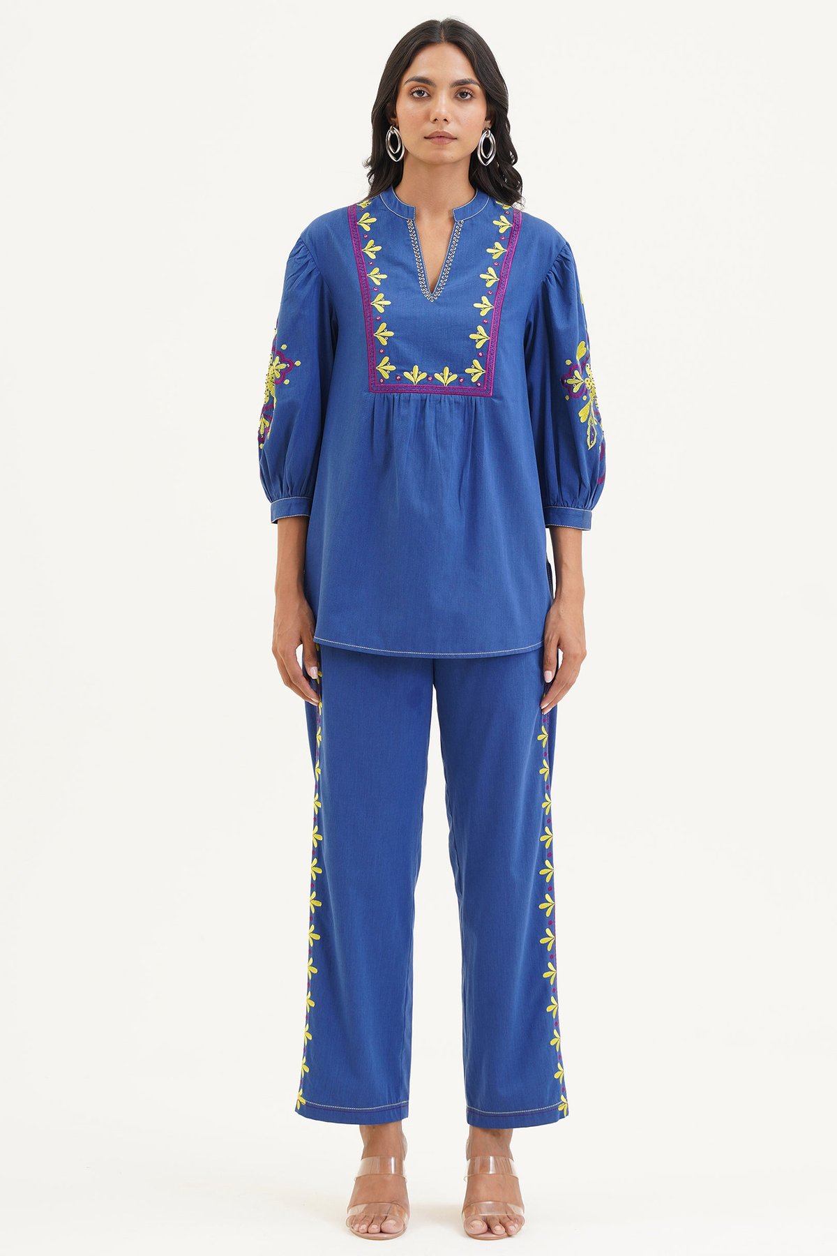 Blue Cotton Embroidered Tunic and Pants Co-ord Set