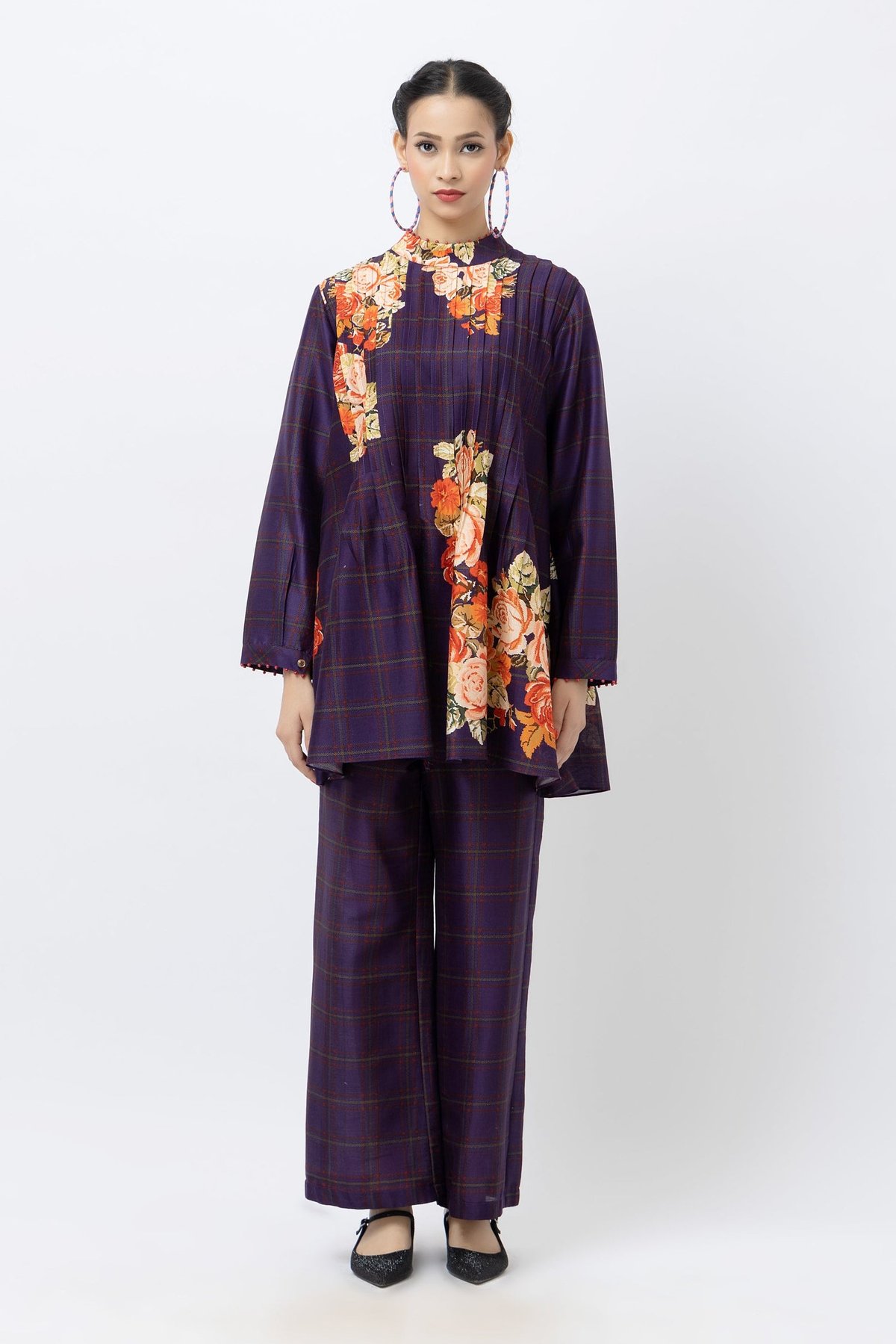 Navy Floral Checked Linen Pintuck Co-ord Set