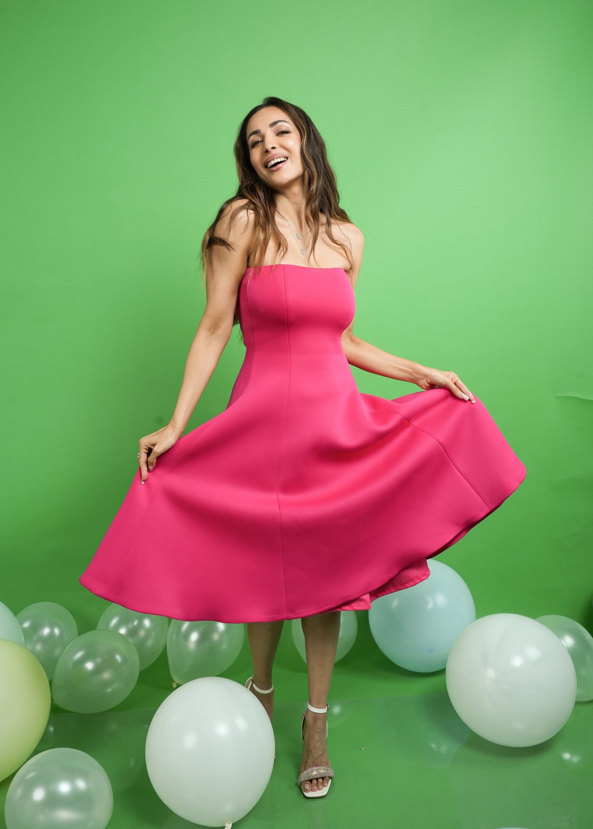 Fuchsia Neoprene Strapless Fit and Flare Midi Dress