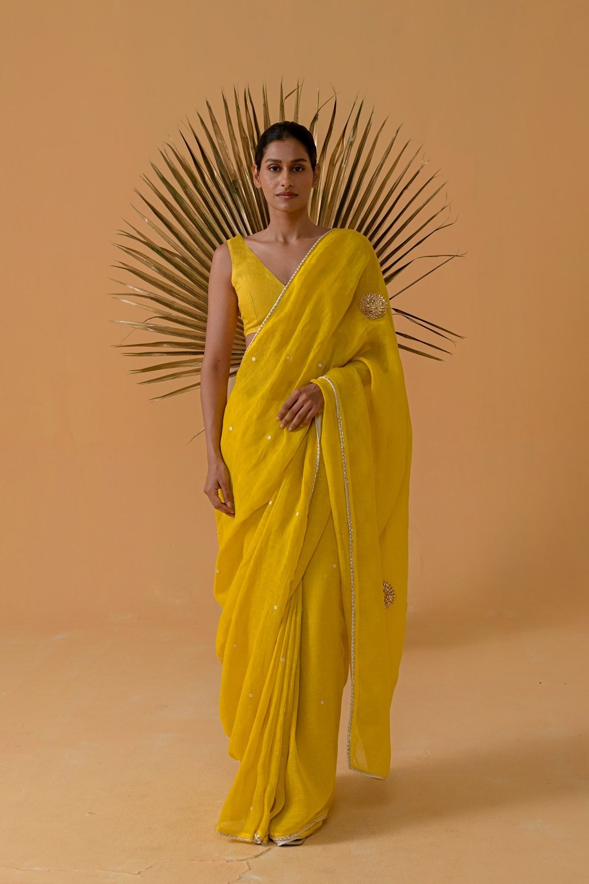 Mustard Gauze Linen Saree with Gota Motifs