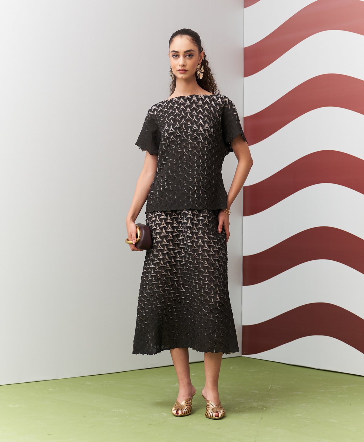 Black Chevron Pleated Top and Midi Skirt Co-ord Set
