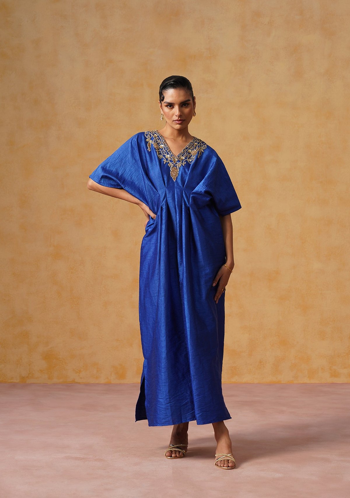 Royal Blue Embroidered V-Neck Kaftan Maxi Dress