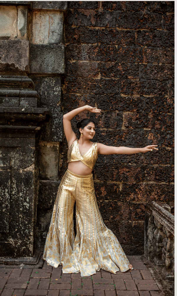Metallic Gold Sharara Co-ord Set with V-Neck Blouse