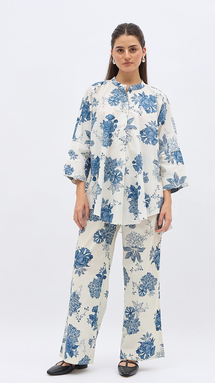 Blue Flower Lime Jaal Tunic With Same Print Pants