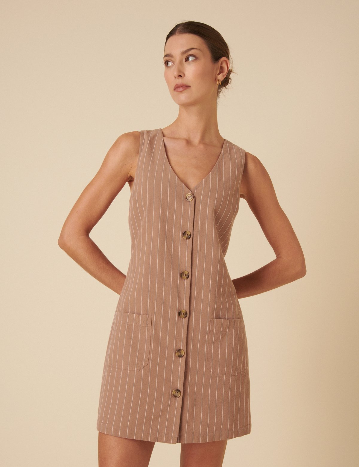 Stone Pinstripe Button-Front Pinafore Mini Dress