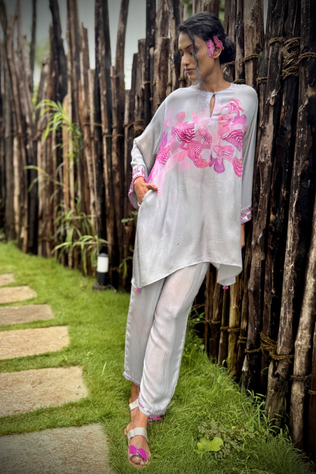 Pink Crepe Co-ord Set with Placement Motif