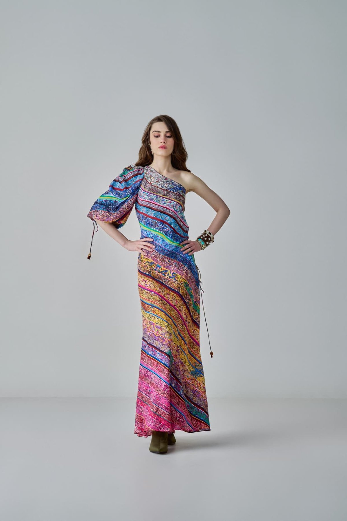 Multi One-Shoulder Printed Maxi Dress with Balloon Sleeve