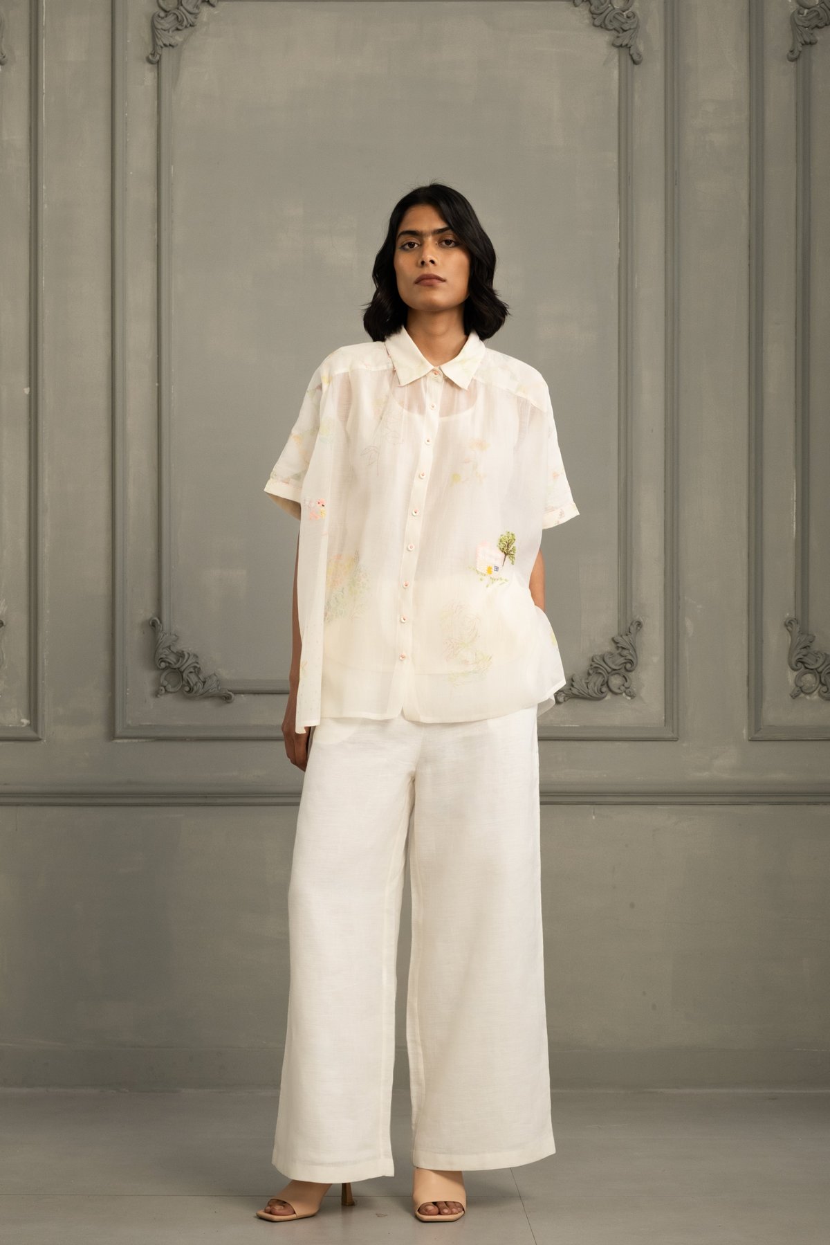 Ivory Shirt In Mul Chanderi With Embroidery