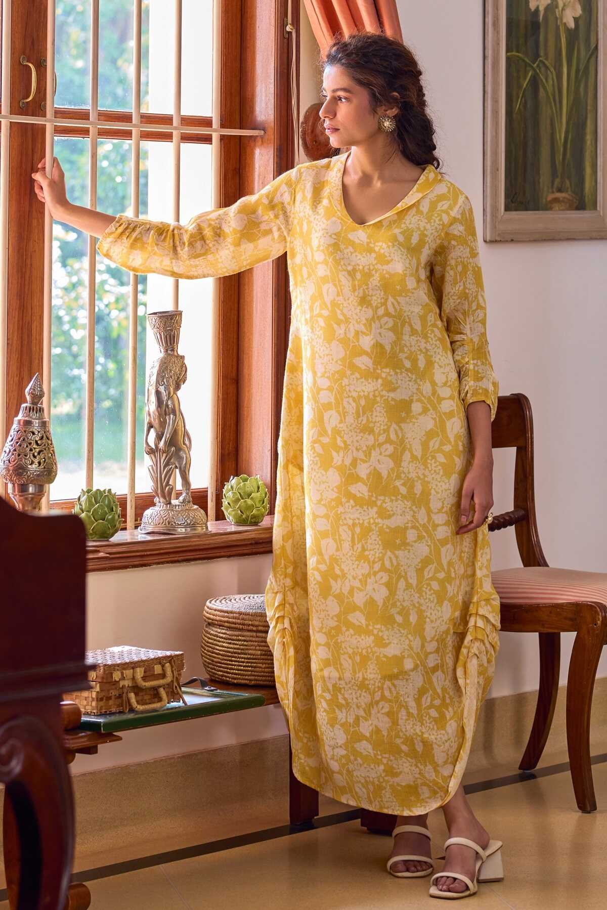 Mustard Yellow Floral Print Gauze Linen Maxi Dress
