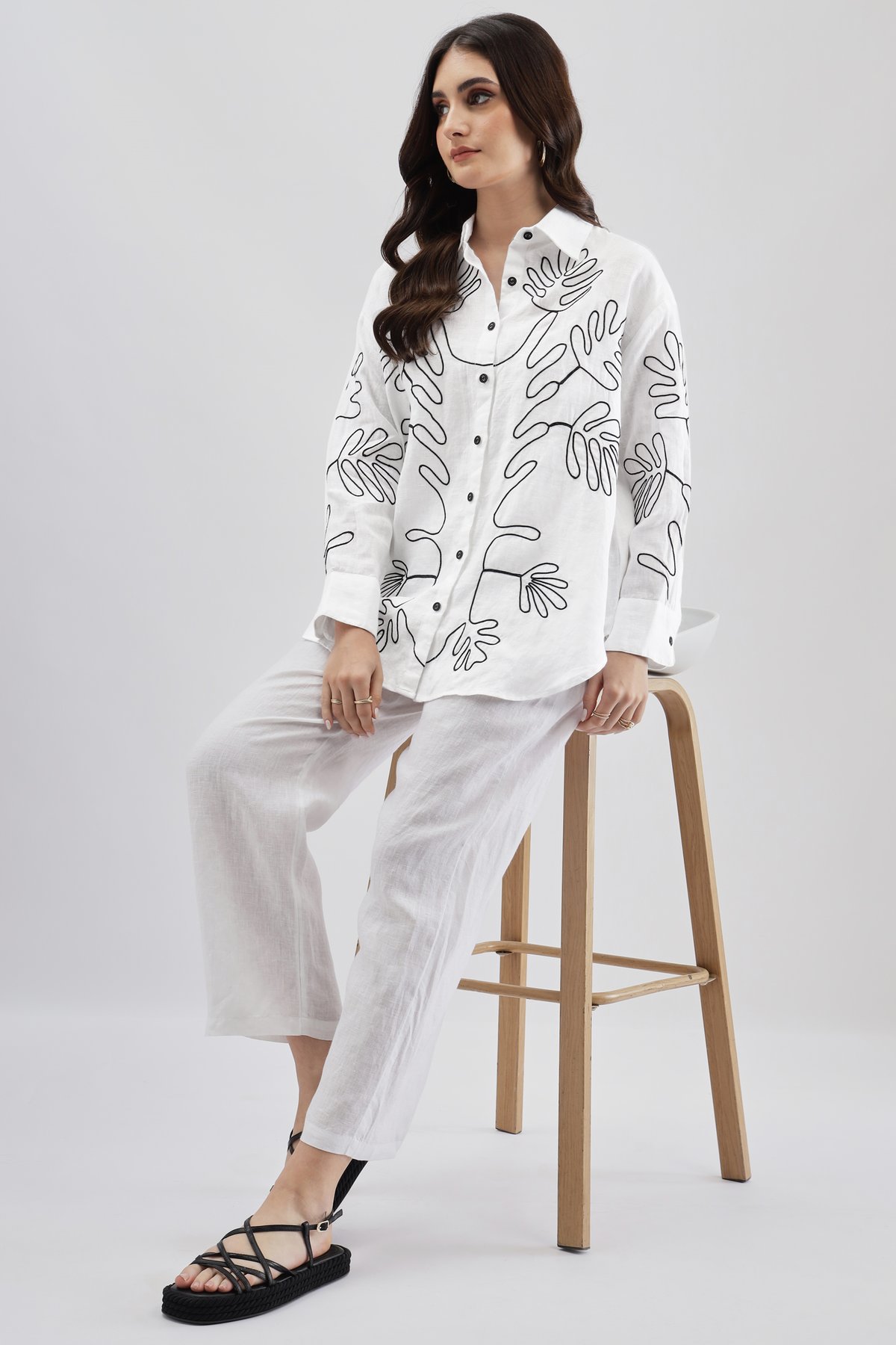 White Linen Graphic Line-Art Button-Down Shirt