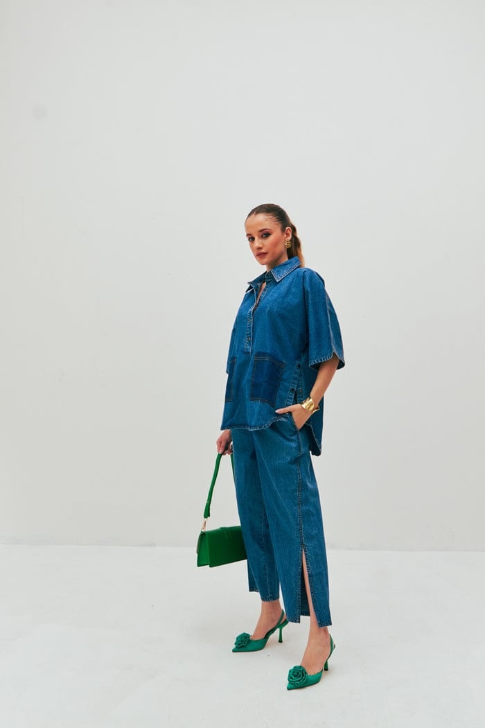 Blue Denim Anti-Fit Shirt and Wide-Leg Pant Co-ord Set