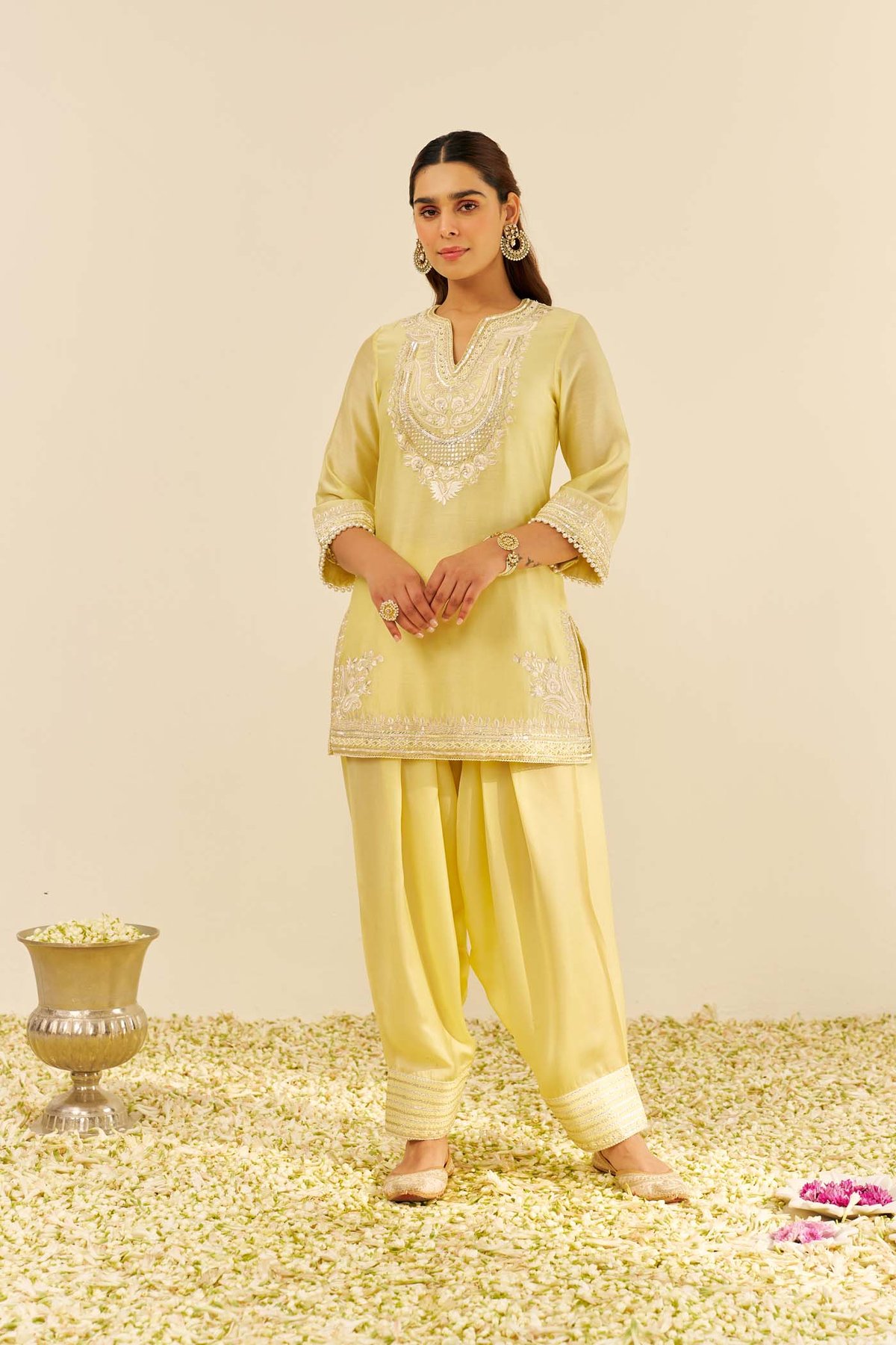 Lemon Yellow Embroidered Short Kurta Set with Salwar
