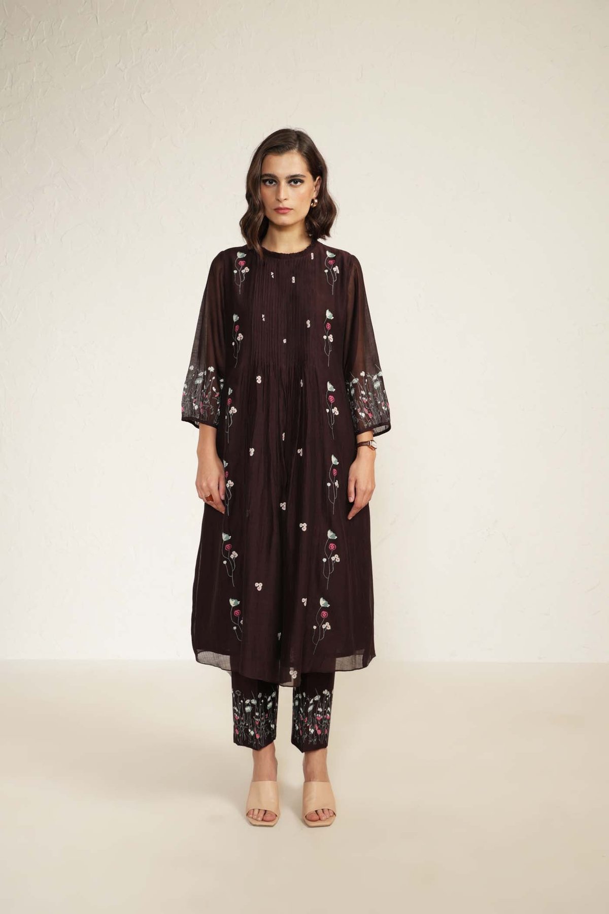 Grape Pleated Tunic and Straight Printed Pants Co-ord Set