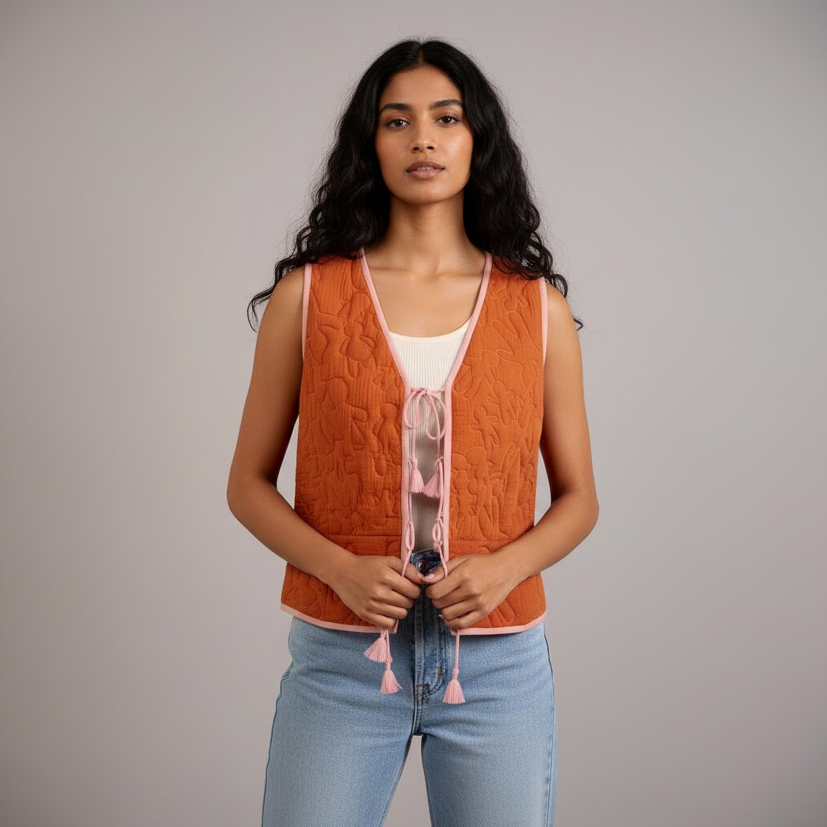Rust Quilted V-Neck Tie-Up Waistcoat