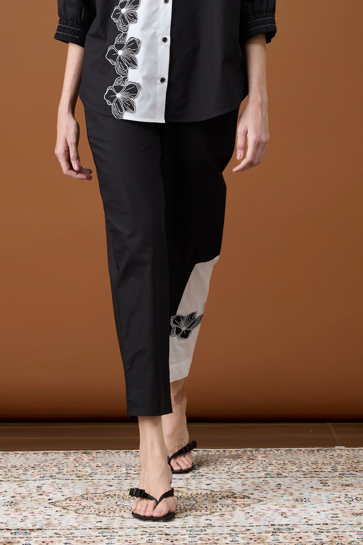 Black Cotton Poplin Colorblock Cigarette Pants