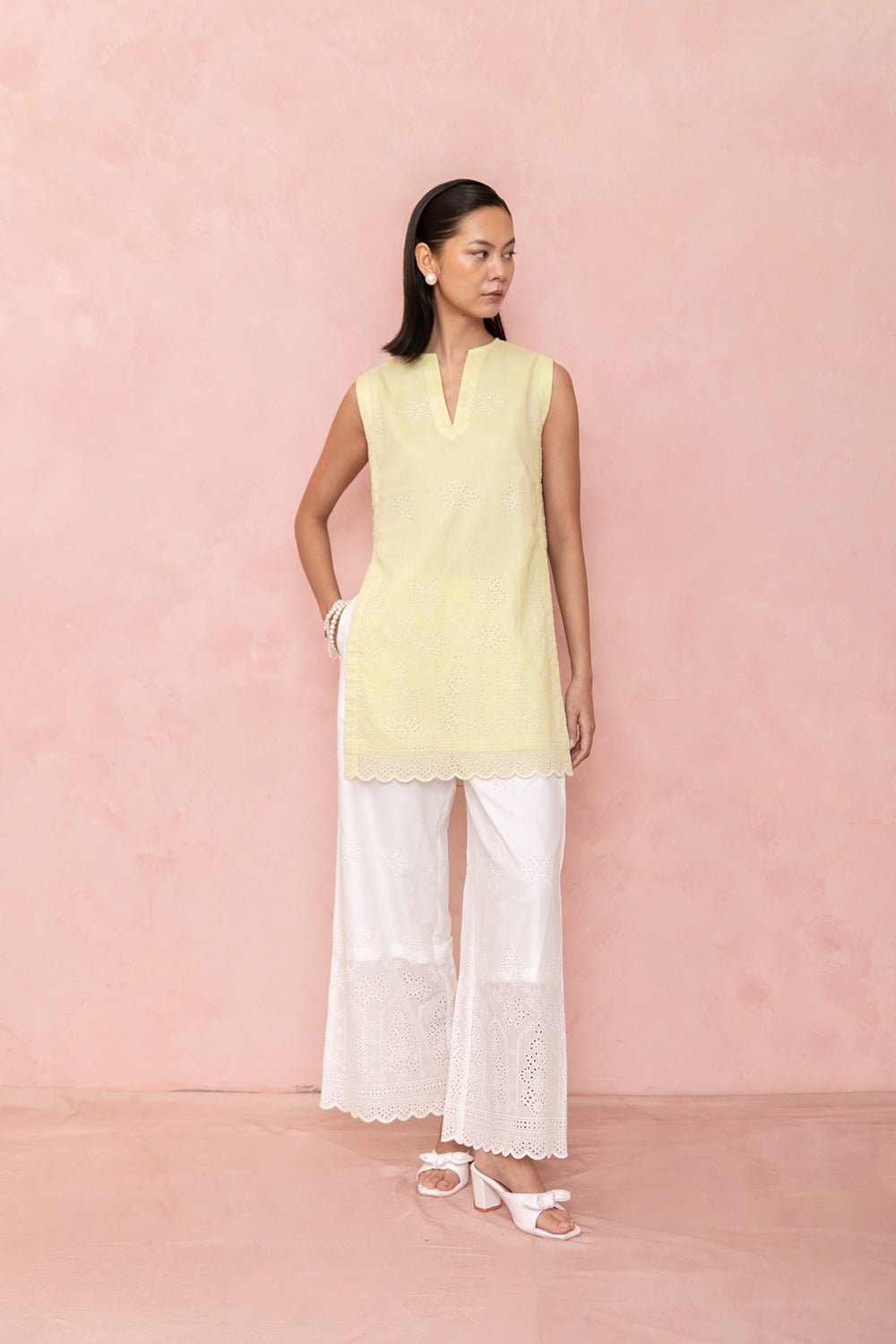 Yellow Tunic and White Wide-Leg Pants Cutwork Co-ord Set