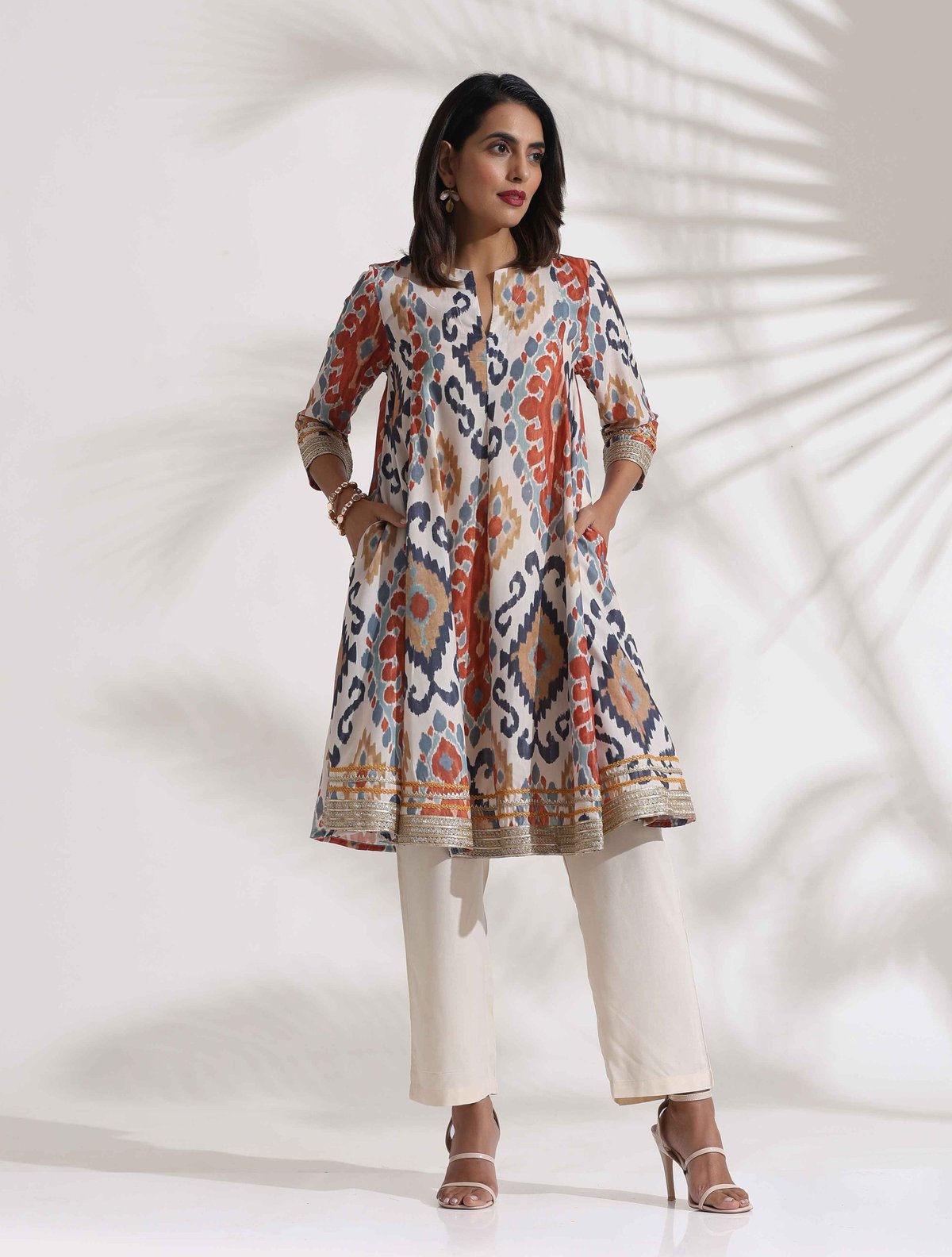 Off White Ikat Print Anarkali Kurta Co-ord Set
