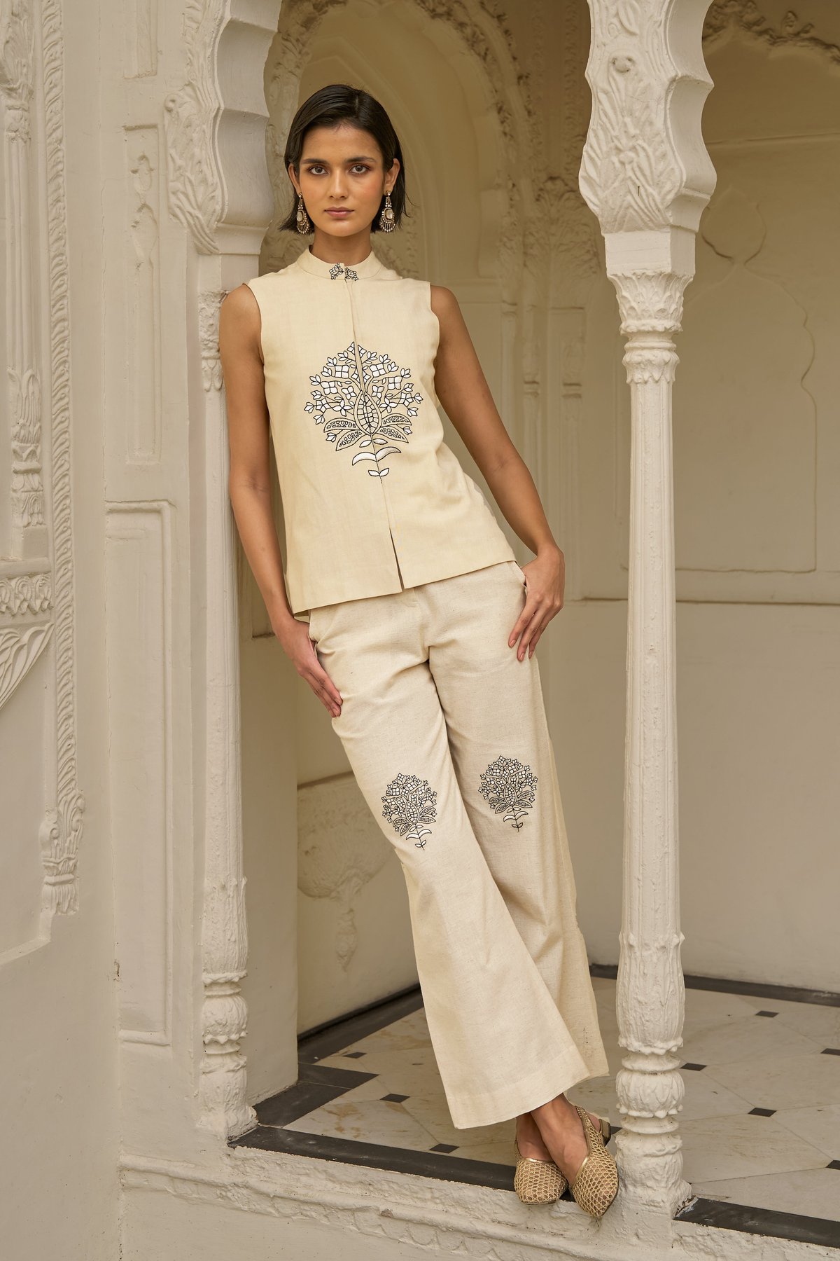 Beige Embroidered Sleeveless Top and Pants Co-ord Set
