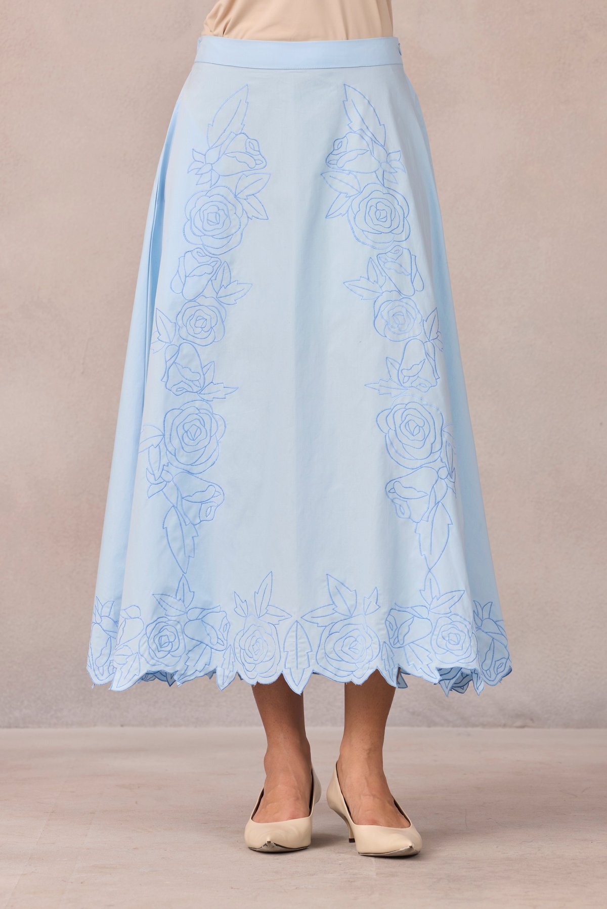 Frost Blue Embroidered A-Line Midi Skirt with Cutwork Hem