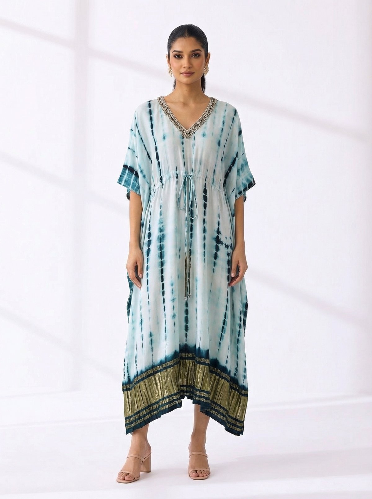 Sky Blue Tie-Dye Satin Kaftan with Embellished V-Neck