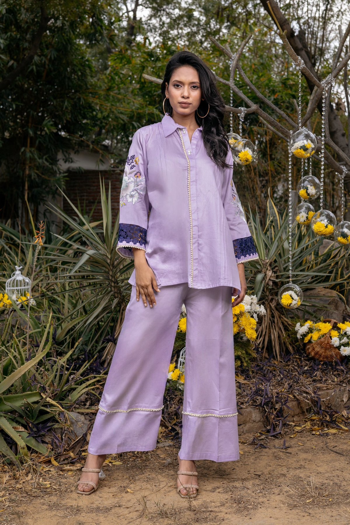 Lilac Embroidered Shirt and Wide-Leg Pants Co-ord Set