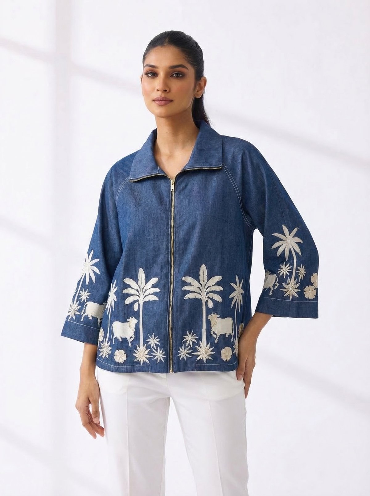 Blue Denim Zip-Front Jacket with Contrast Border Print
