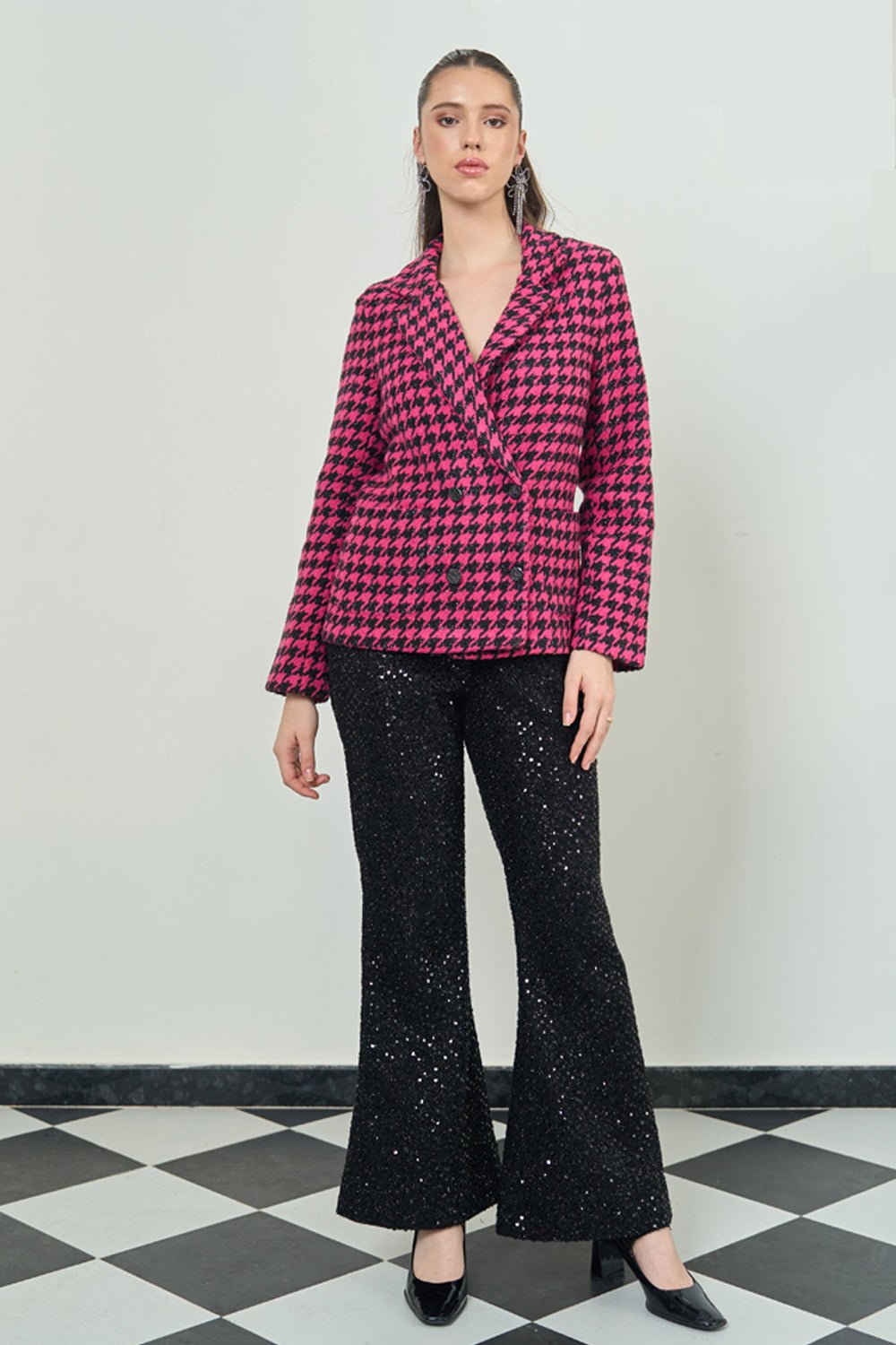 Hot Pink and Black Houndstooth Tweed Double-Breasted Blazer