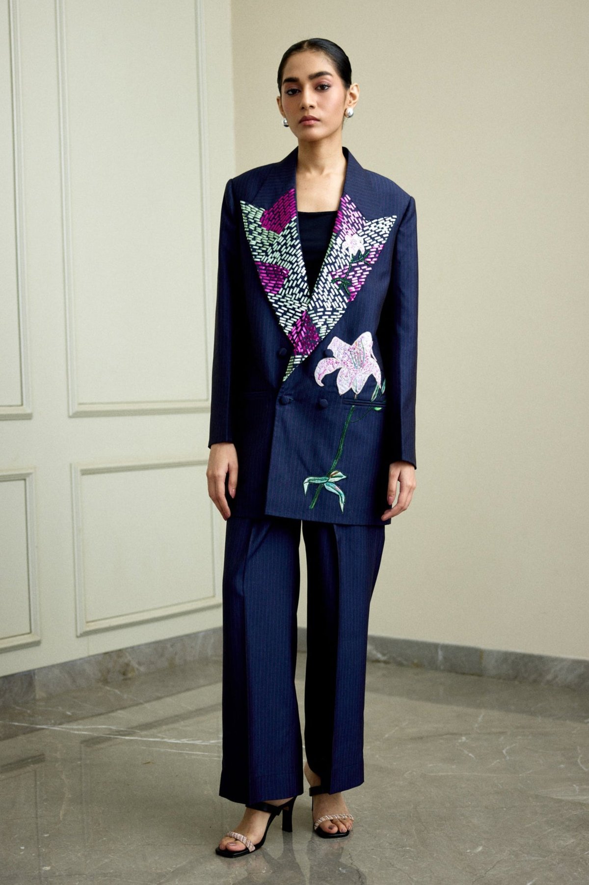Navy Blue Embroidered Blazer and Pant Co-ord Set