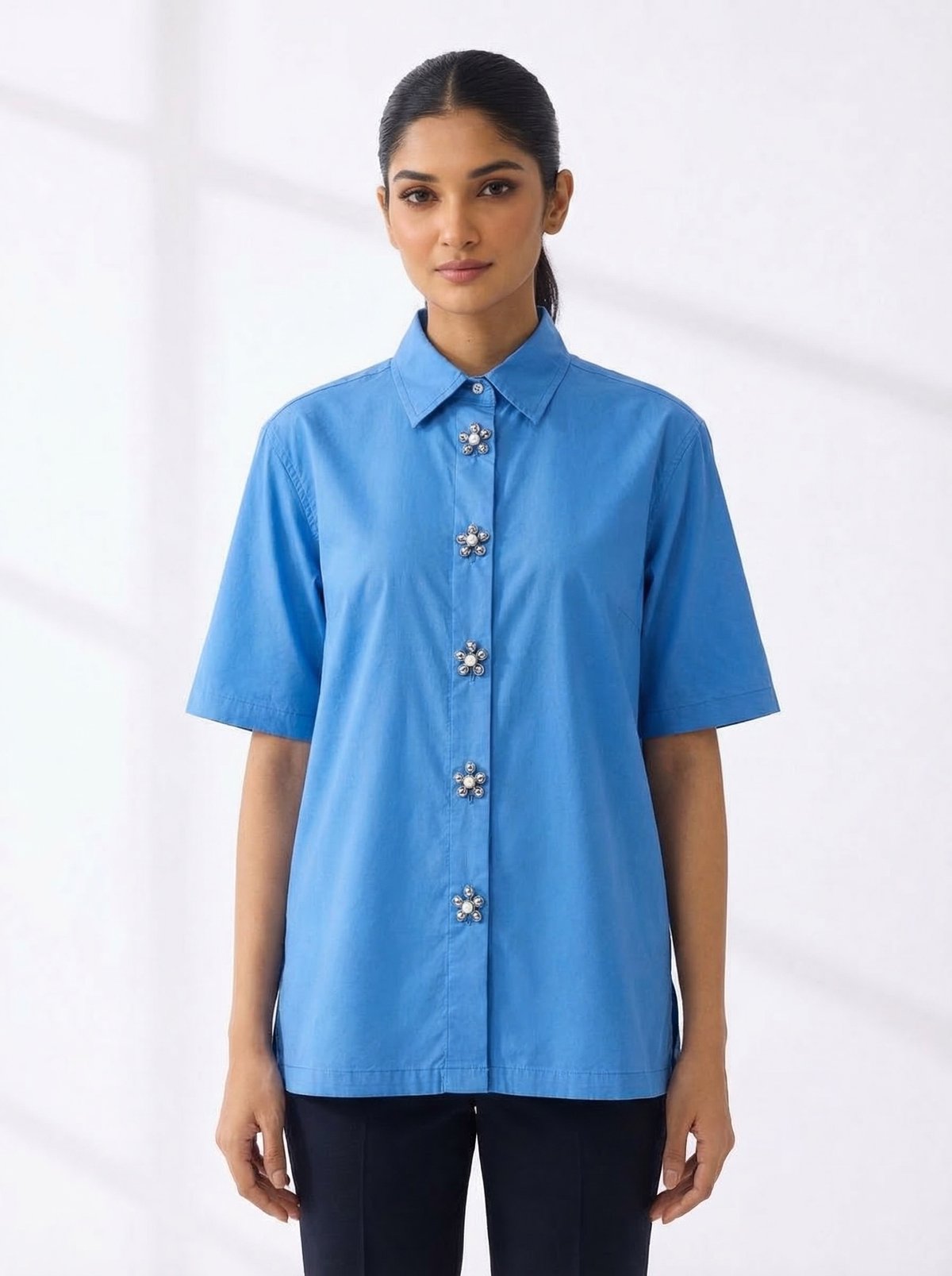 Blue Oversized Cotton Shirt with Embellished Buttons