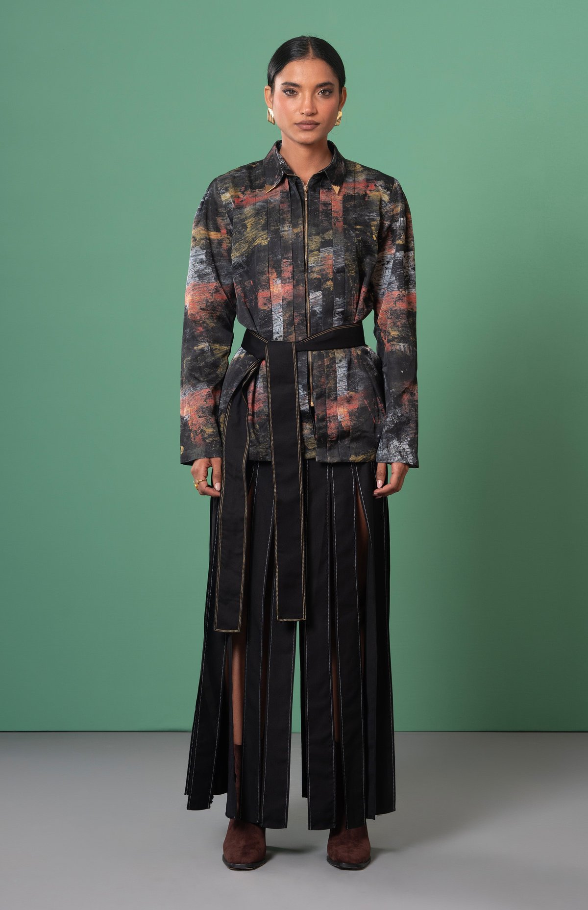 Multicolor Abstract Print Belted Zip-Front Shacket Top