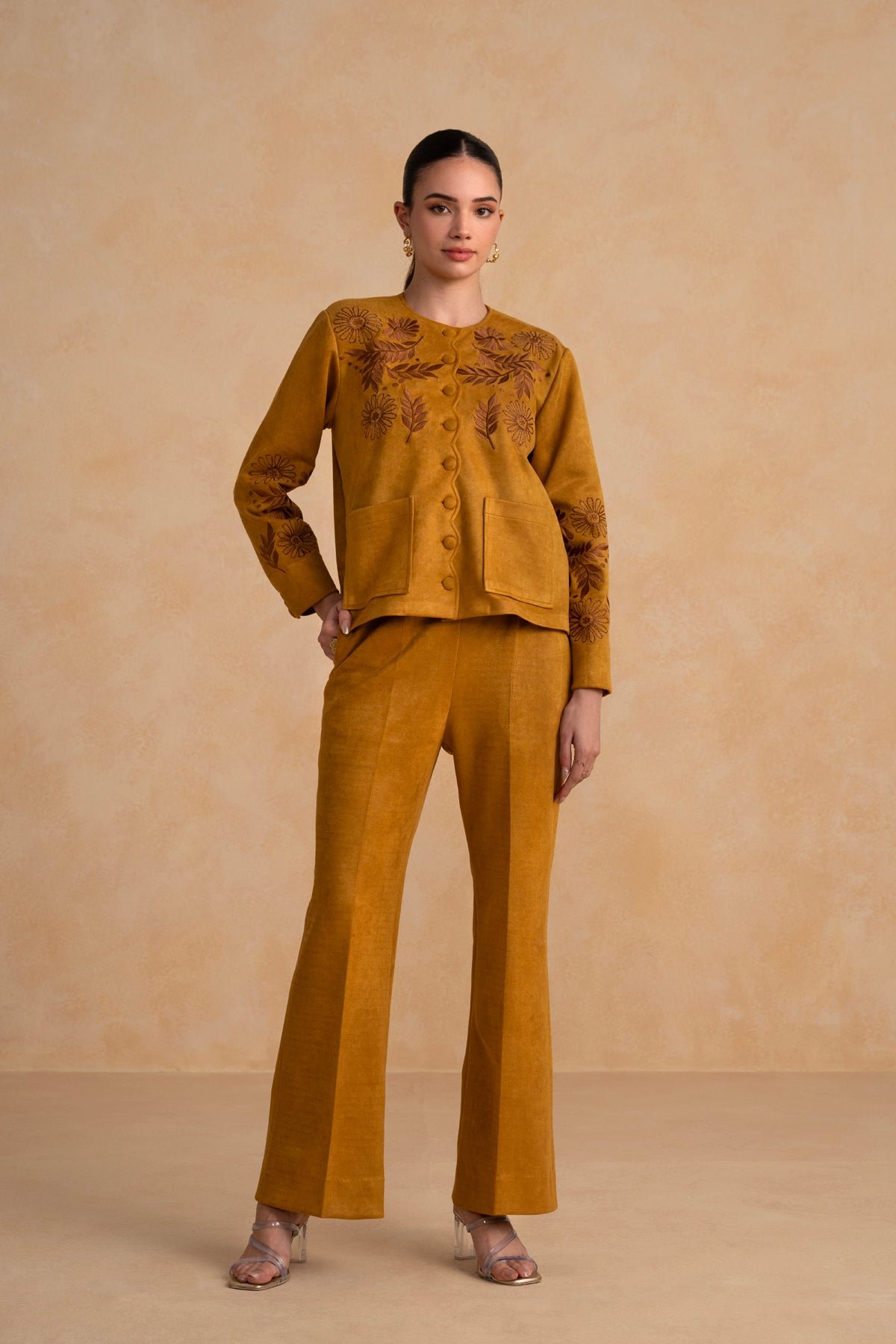 Tan Suede Embroidered Jacket and Pants Co-ord Set