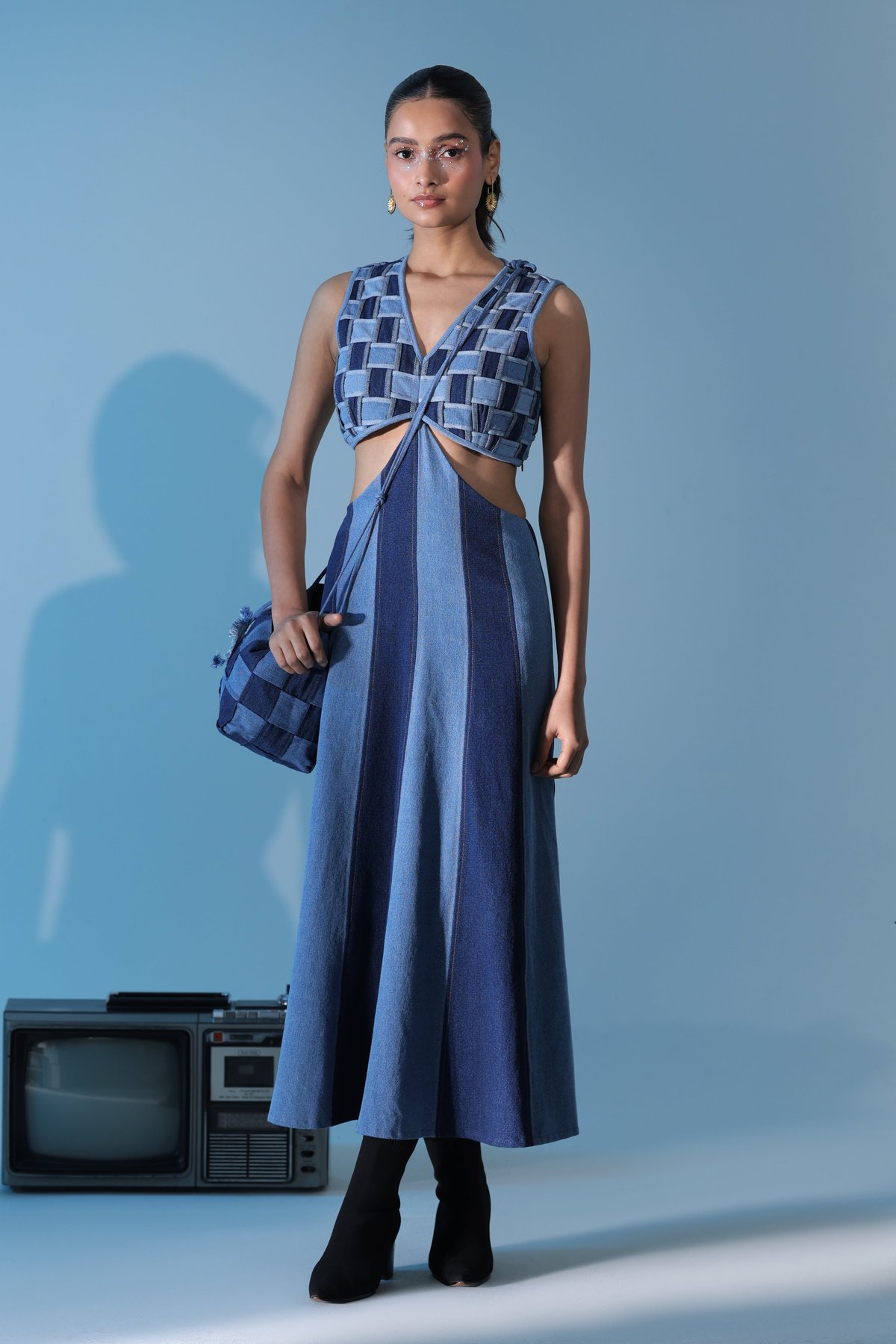 Blue Denim Woven Bodice Fit and Flare Midi Dress