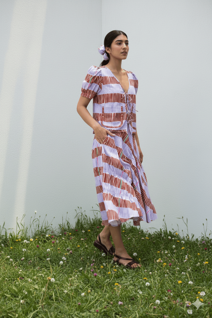 Lavender Striped Tie-Front Top and Midi Skirt Co-ord Set