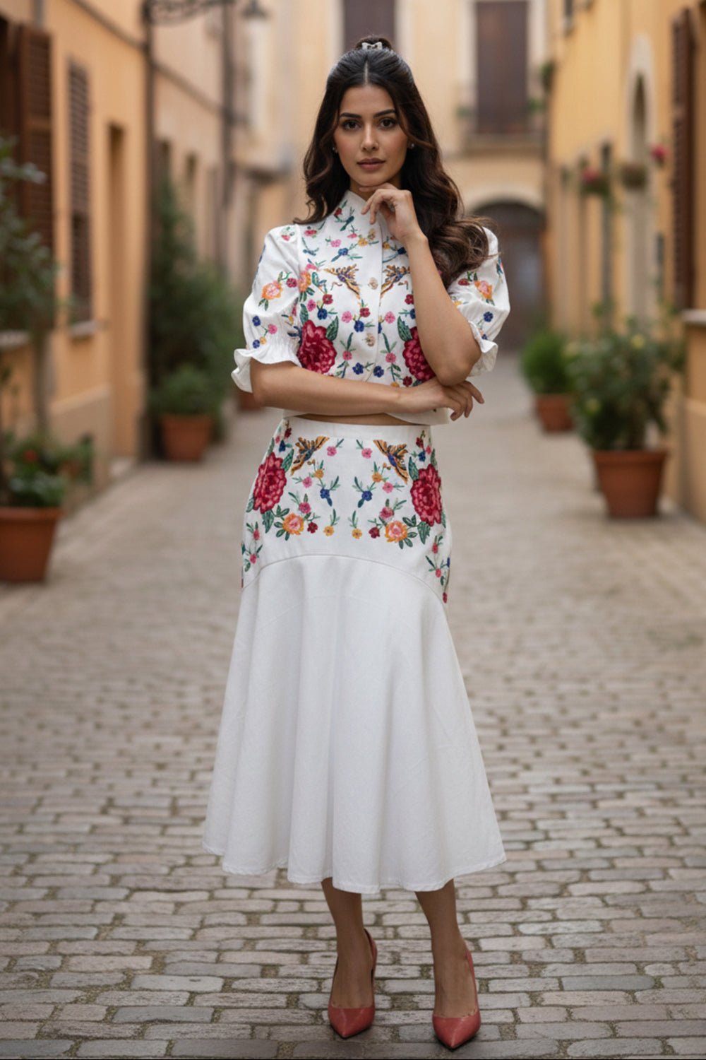 White Floral Embroidered Top and Midi Skirt Co-ord Set