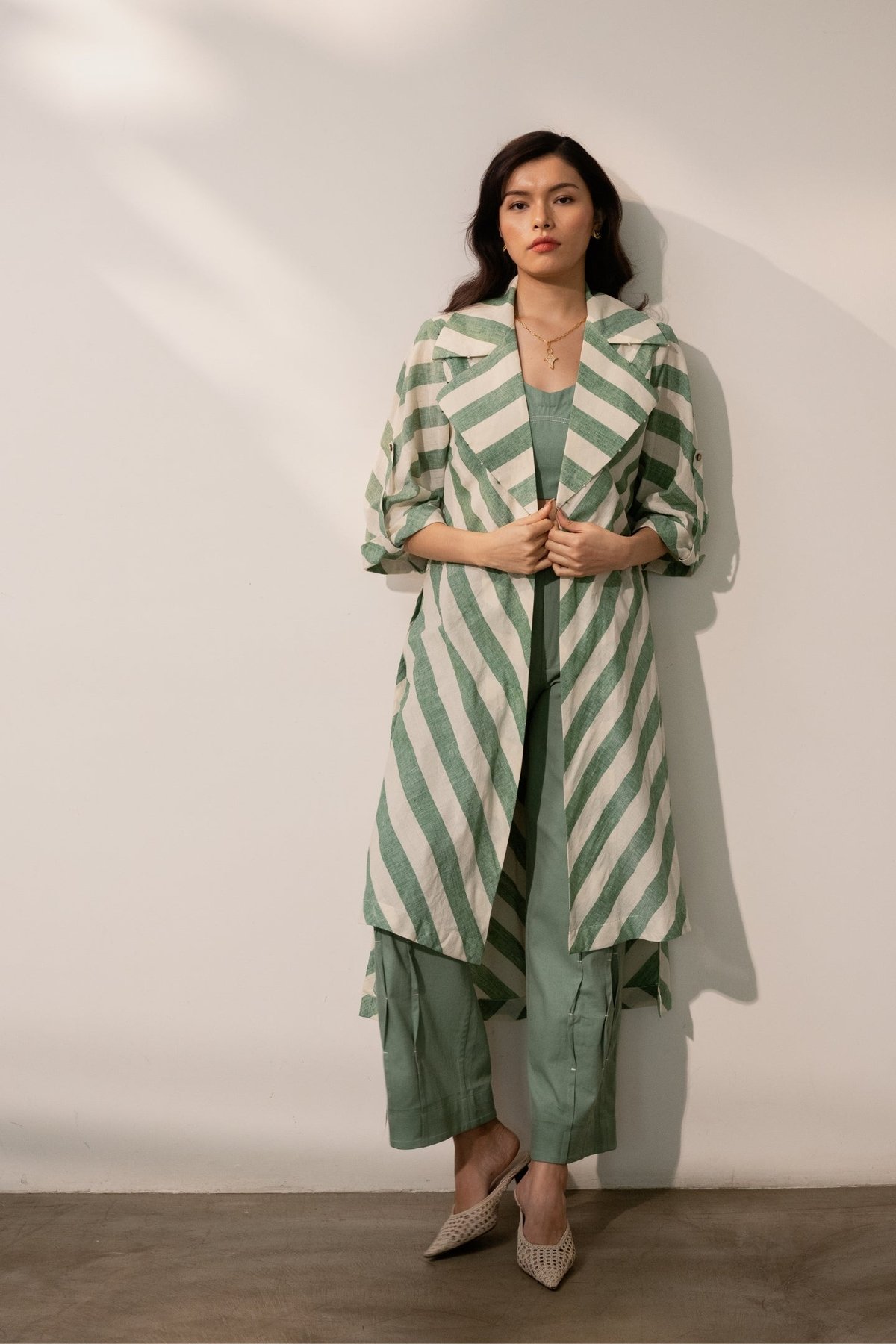 Sage Green Striped Longline Overlay Blazer