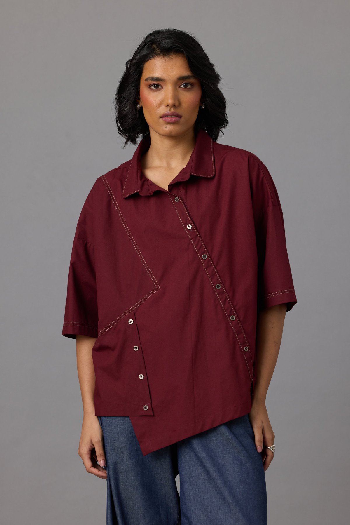 Burgundy Asymmetric Panel Relaxed Fit Cotton Poplin Shirt
